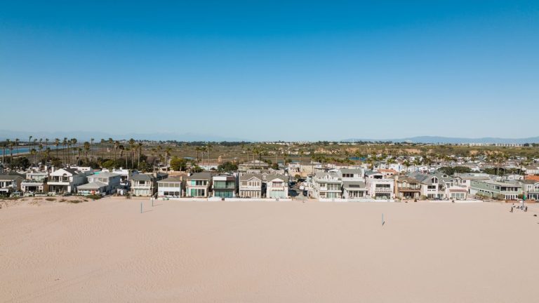 Beachfront homes and coastline from above