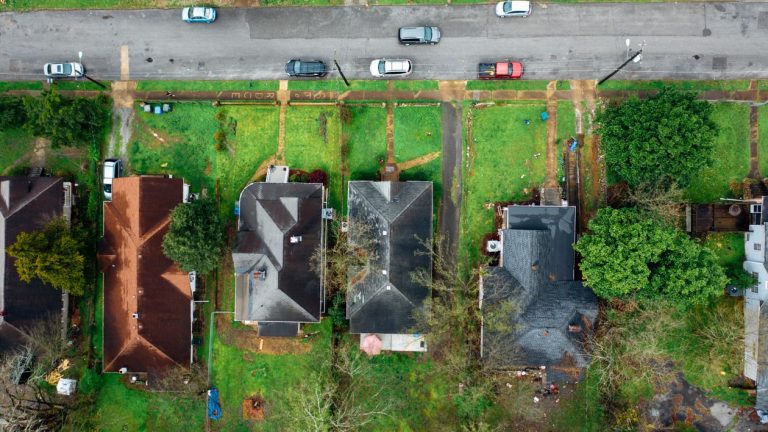 Overhead view of neighborhood rooftops