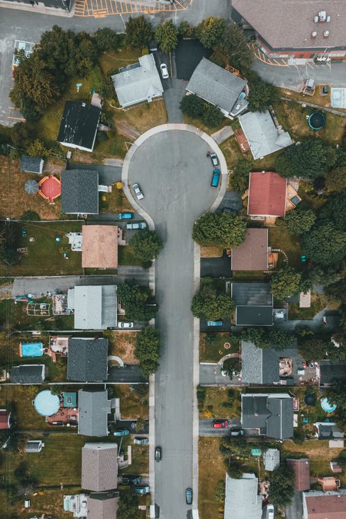 Aerial view of a suburban cul-de-sac